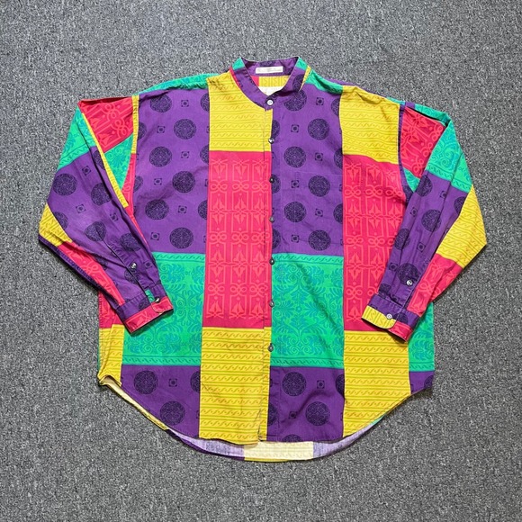 Perry Ellis Other - Vintage Perry Ellis Shirt Large Multicolor Patchwork Design Grandad Collar 90s